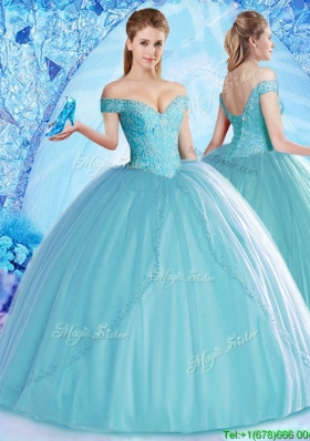 2017 Lovely Off the Shoulder Aqua Blue Quinceanera Dress with Beading