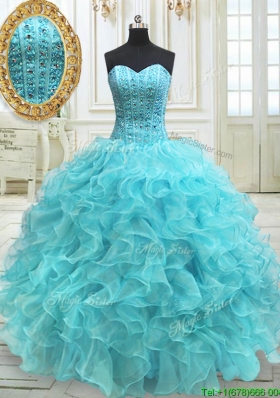 2017 Modern Visible Boning Beaded Bodice and Ruffled Aqua Blue Quinceanera Dress