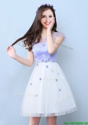 Classical V Neck White and Lavender Bridesmaid Dress with Cap Sleeves