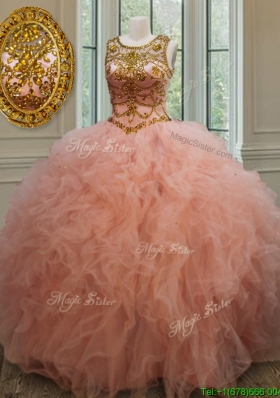 Exquisite See Through Scoop Beaded and Ruffled Quinceanera Dress in Peach