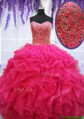 Popular Visible Boning Beaded Bodice and Ruffled Quinceanera Dress in Hot Pink