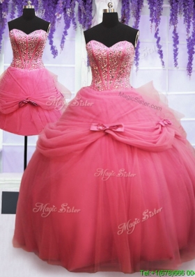 Fashionable Beaded and Bowknot Detachable Quinceanera Dress in Watermelon Red