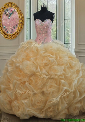 Luxurious Beaded Brush Train Champagne Quinceanera Dress in Rolling Flowers