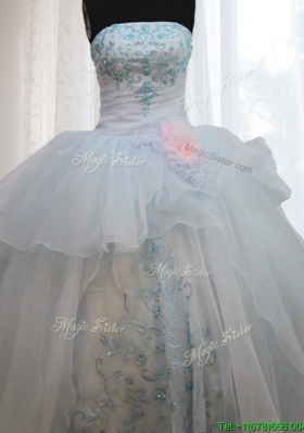 Strapless Light Blue Quinceanera Dress with Appliques and Handmade Flowers