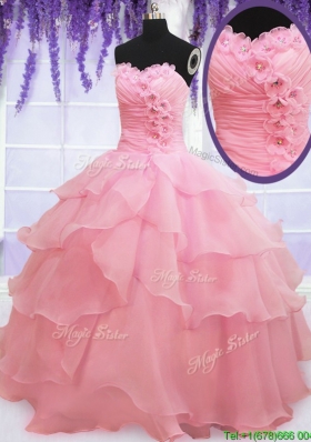 Cute Organza Baby Pink Quinceanera Dress with Appliques and Ruffled Layers