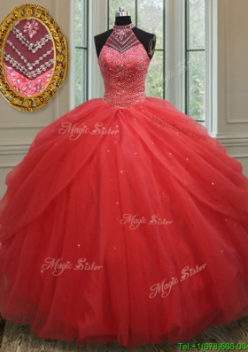 Best Selling See Through Beaded Decorated Halter Top Quinceanera Dress