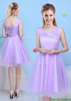 Hot Sale Lace Up Scoop Lavender Bridesmaid Dress with Bowknot