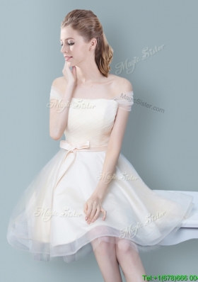 New Off the Shoulder Champagne Short Bridesmaid Dress with Bowknot