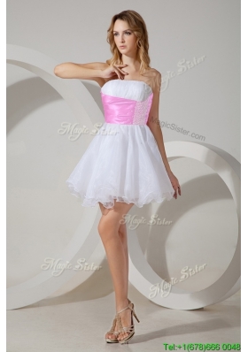 Popular Beaded White Short Bridesmaid Dress with Rose Pink Belt