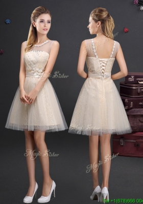 Sweet See Through Applique Top Prom Dress in Champagne