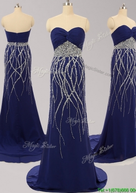 Best Selling Royal Blue Brush Train Chiffon Prom Dress with Beading