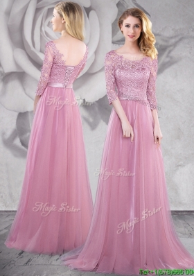 Latest Half Sleeves Laced Pink Prom Dress with Brush Train