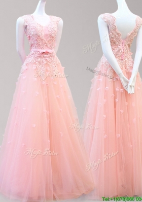 Luxurious Bateau Watermelon Red Prom Dress with Bowknot and Appliques