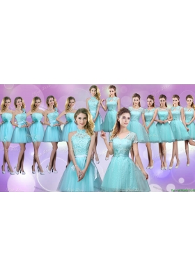 Pretty Laced and Belted Short Bridesmaid Dresses in Aqua Blue