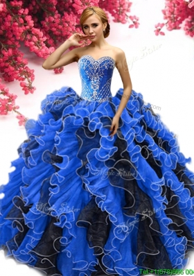Inexpensive Beaded and Ruffled Sweet 16 Dress in Royal Blue and Black