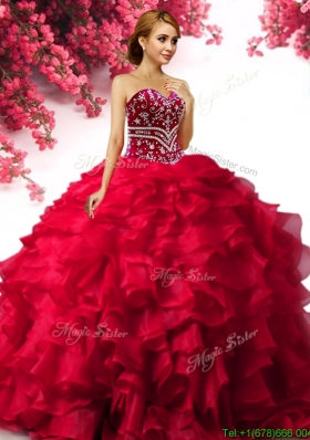 Best Selling Beaded and Ruffled Red Quinceanera Dress in Organza