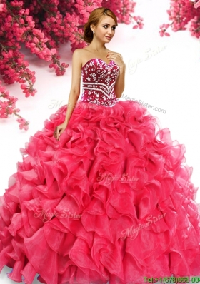 Inexpensive Beaded and Ruffled Big Puffy Quinceanera Dress in Red