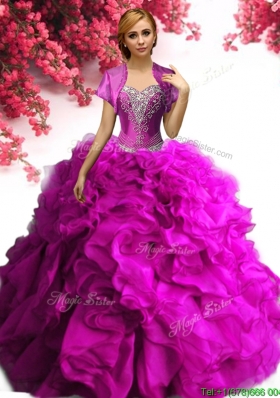 Beautiful Big Puffy Fuchsia Quinceanera Dress with Beading and Ruffles