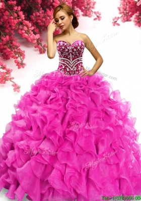 Latest Hot Pink Organza Quinceanera Dress with Beading and Ruffles