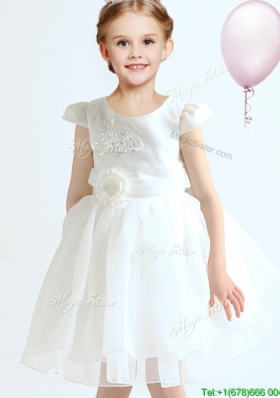 Best Organza Cap Sleeves White Flower Girl Dress with Applique and Bowknot