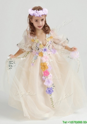 Elegant V Neck Half Sleeves Applique Flower Girl Dress in Champagne