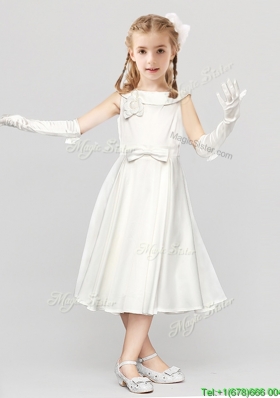 Informal Bowknot Scoop Tea Length Flower Girl Dress with Button Up