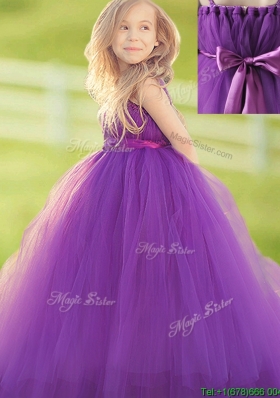 Classical Handcrafted Flower and Bowknot Flower Girl Dress in Eggplant Purple