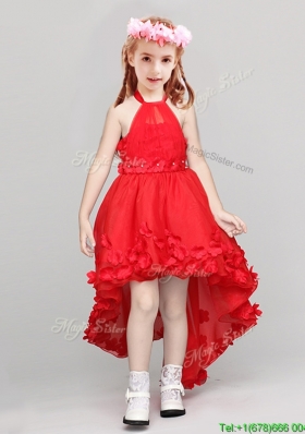 Exquisite Halter Top High Low Applique Flower Girl Dress in Red