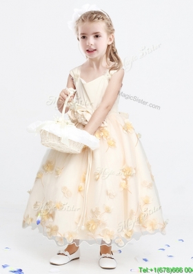 Lovely Applique and Bowknot Ankle Length Flower Girl Dress in Champagne