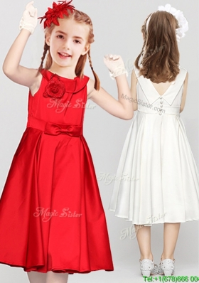 New Style Bowknot Button Up Red Flower Girl Dress in Tea Length