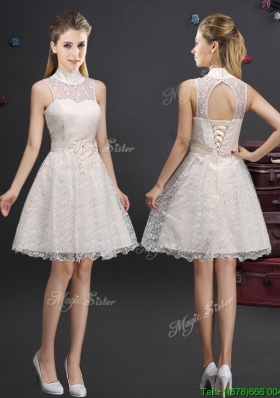 Luxurious Applique and Laced Champagne Dama Dress with High Neck