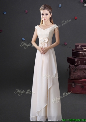 Hot Sale Bowknot and Laced Long Dama Dress with Cap Sleeves