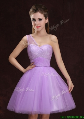 Affordable One Shoulder Tulle Short Bridesmaid Dress with Lace