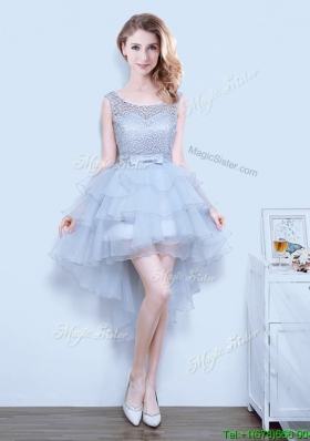 Exclusive High Low Grey Bridesmaid Dress with Bowknot and Ruffled Layers