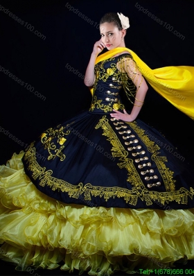 Western Theme Off the Shoulder Organza and Taffeta Embroideried Quinceanera Dress in Yellow and Black