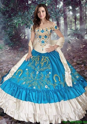 Lovely Really Puffy Off The Shoulder Quinceanera Gown in White and Teal