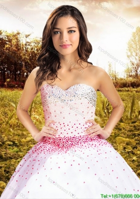 Summer Discount Big Puffy Beaded Bodice Tulle White Quinceanera Dress