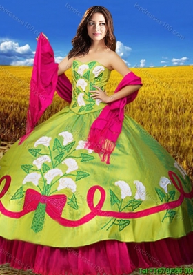 Western Style Puffy Skirt Quinceanera Dress in Olive Green and Hot Pink