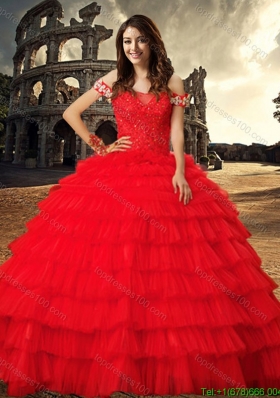Most Popular Beaded and Ruffled Layers Tulle Red Quinceanera Dress with Chapel Train