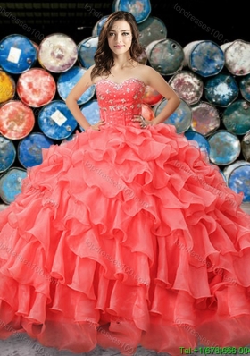 Western Theme Hot Sale Beaded and Ruffled Coral Red Quinceanera Dress in Organza for 2017