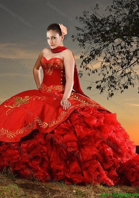 Western Theme Popular Sweetheart Organza and Taffeta Red Quinceanera Dress with Brush Train