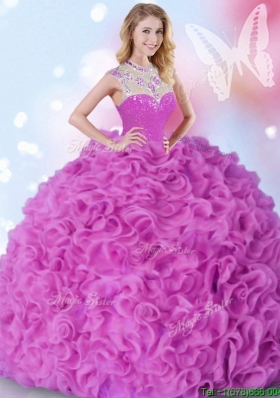 Fashionable High Neck Ruffled and Beaded Quinceanera Dress in Fuchsia