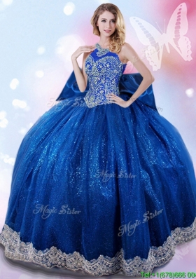 Wonderful Halter Top Beaded and Bowknot Quinceanera Dress in Royal Blue