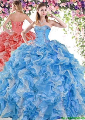 Luxurious Beaded and Ruffled Quinceanera Dress in Baby Blue and White