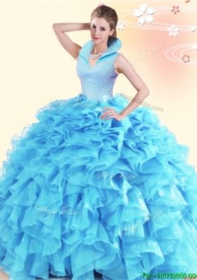 Affordable High Neck Ruffled and Beaded Quinceanera Dress in Aqua Blue