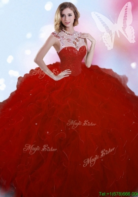 Classical High Neck Beaded and Ruffled Quinceanera Dress in Wine Red