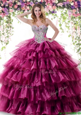 Discount Organza Fuchsia Quinceanera Dress with Beading and Ruffled Layers