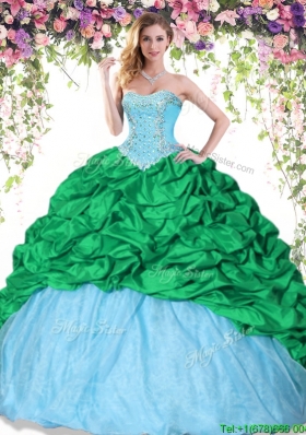 Latest Baby Blue and Green Quinceanera Dress with Beading and Pick Ups