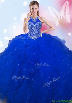 Romantic Beaded and Ruffled Halter Top Quinceanera Dress in Royal Blue
