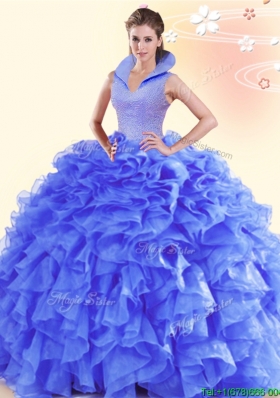 Beautiful High Neck Ruffled and Beaded Sweet 16 Dress in Organza